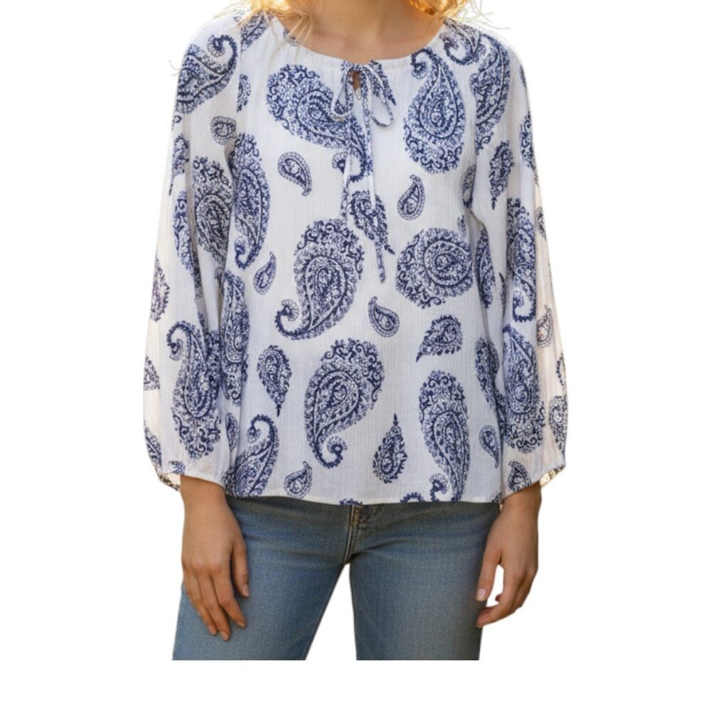 PECK & PECK Navy White Paisley Print Long Sleeve Tie at Neck Blouse - Size Small